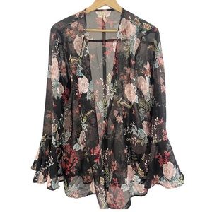 Gorgeous Sheer Floral Open-front Cardigan • Size Large • Bell Sleeves